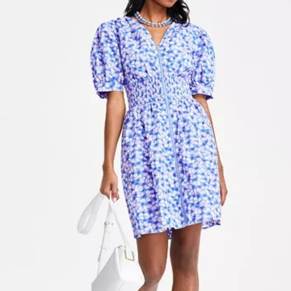 3X On 34th Blue Ditsy Floral‎ Zip Front Dress